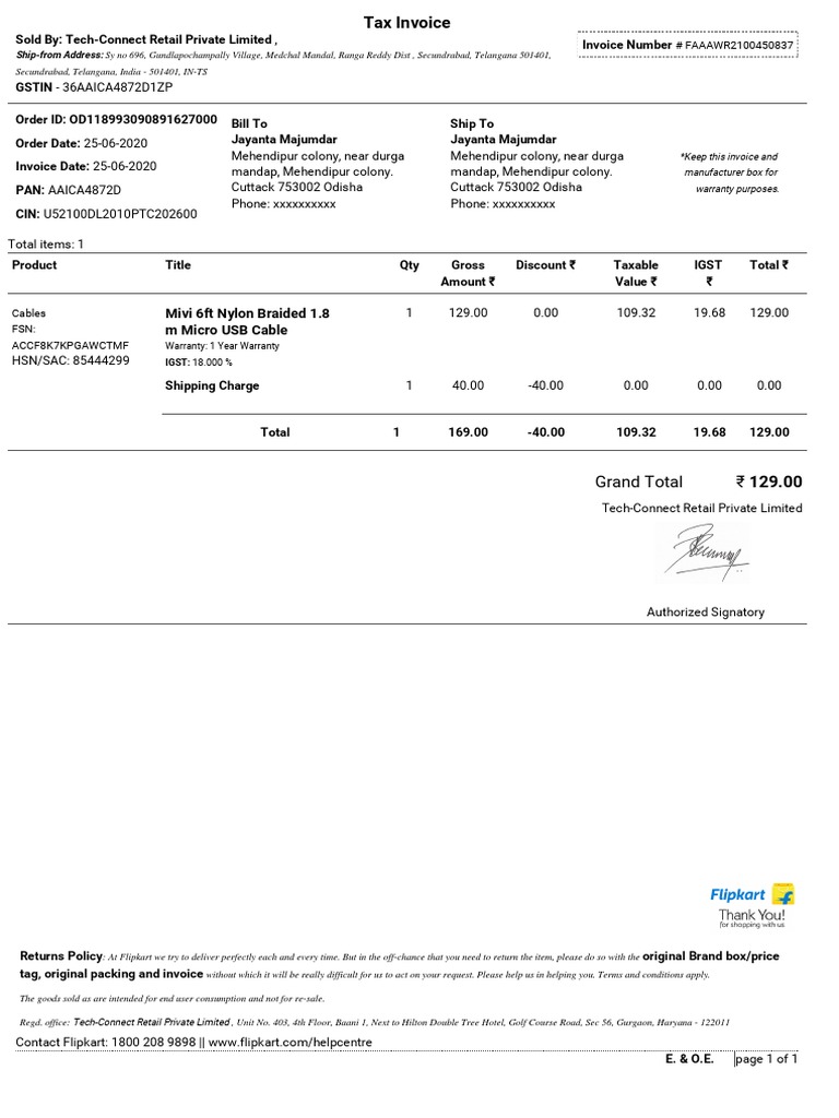 Mivi 6ft Micro USB Cable Invoice | PDF | Taxes | Payments