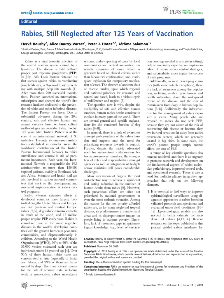 Rabies, Still Neglected After 125 Years of Vaccination: Editorial | PDF ...