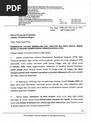 Kebenaran Pulang Bermalam Dan Lawatan Ibu Bapa Serta Waris Murid 