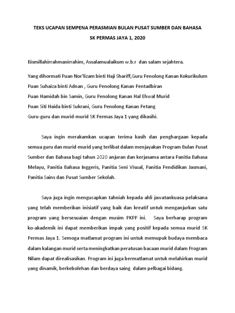 Teks Ucapan Perasmian Bulan Pss Dan Bahasa Skpj1 Pdf Pdf