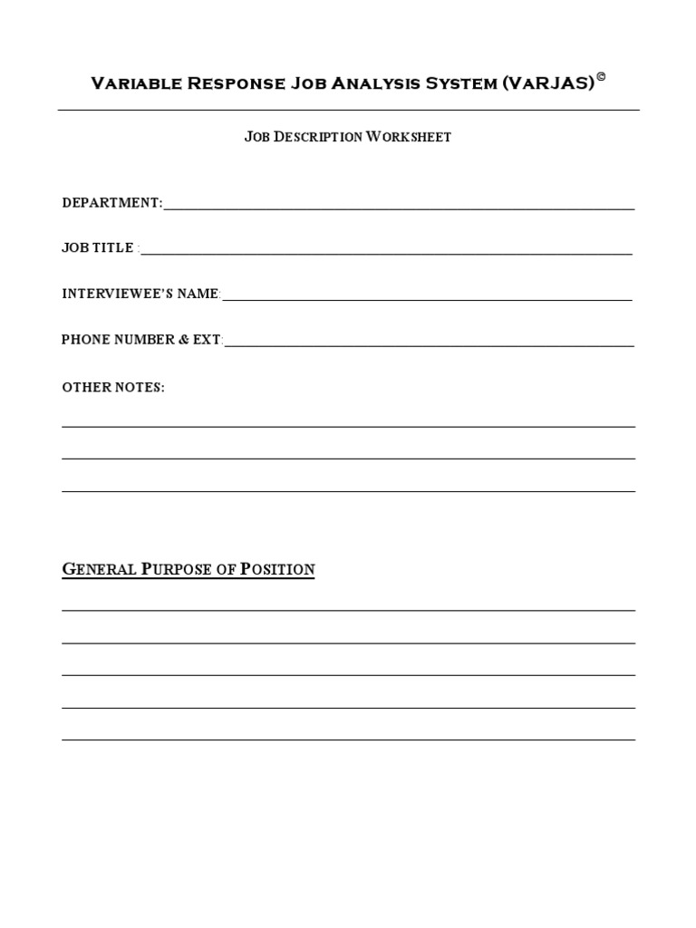 Variable Response Job Analysis System (Varjas) : Ob Escription Orksheet ...