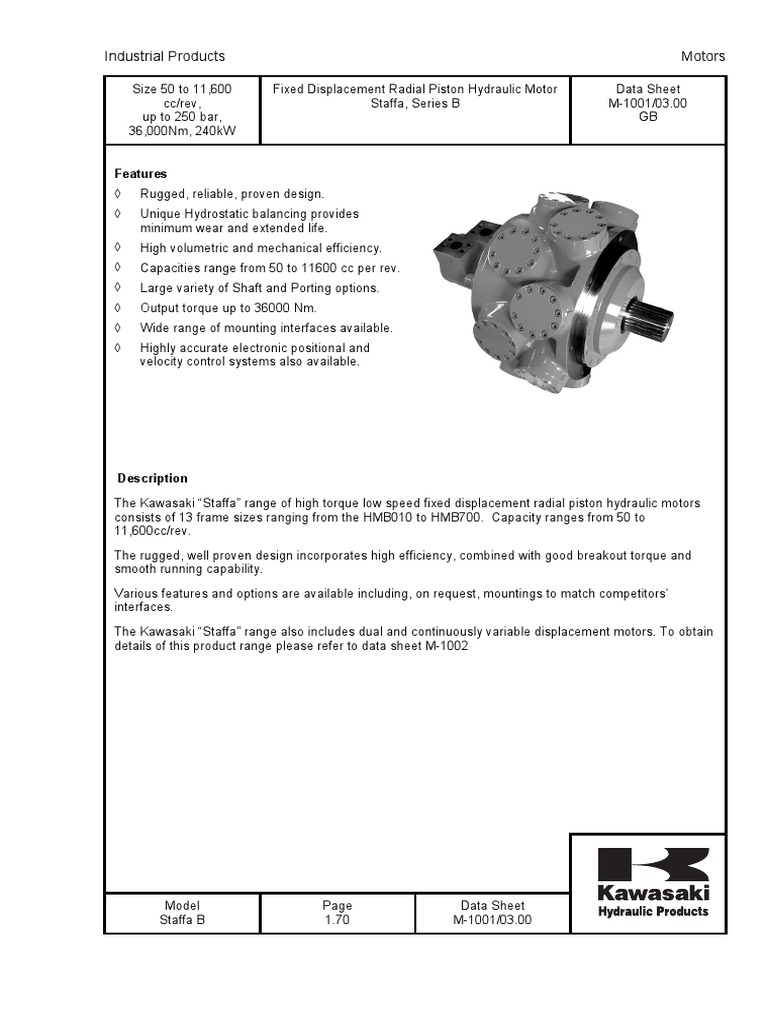 Kawasaki Staffa Hydraulic Motors Data | PDF | Electric Motor | Screw