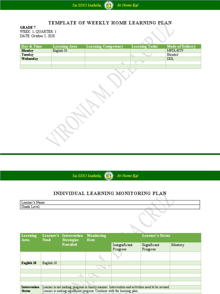 Template of Weekly Home Learning Plan: Day & Time Learning Area