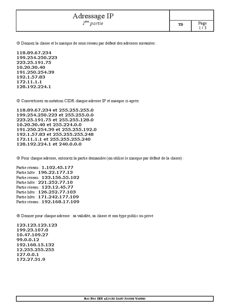 TD - Adressage IP | PDF | Adresse IP | Protocoles de communication