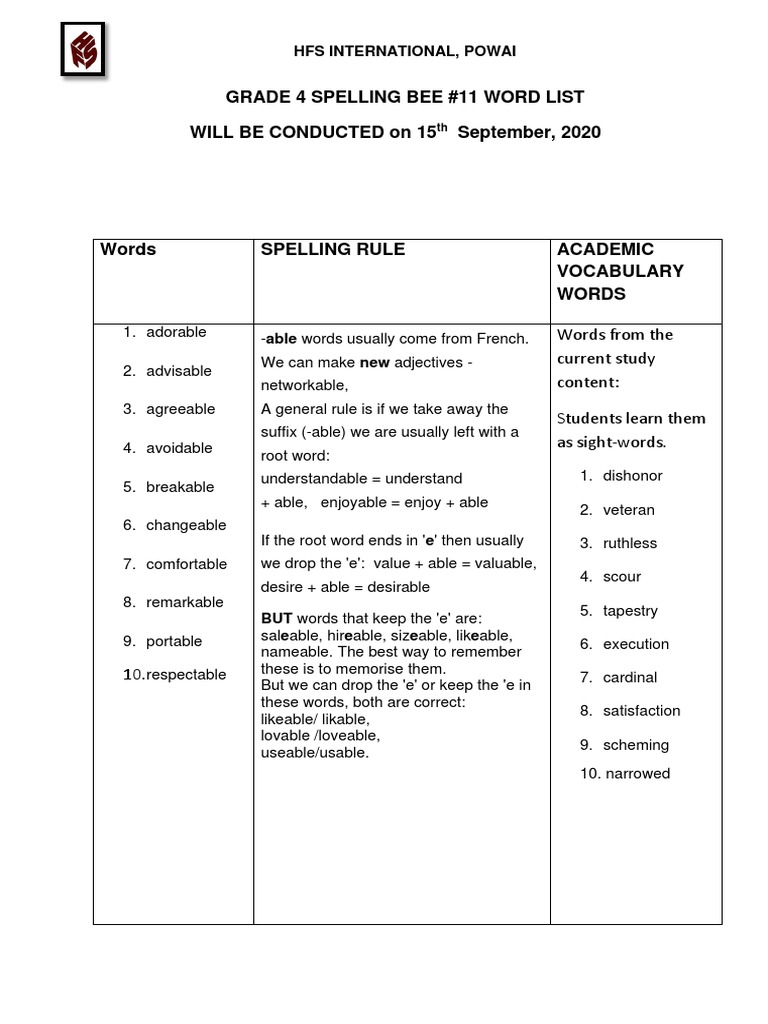8th Grade Spelling Bee Word List | PDF