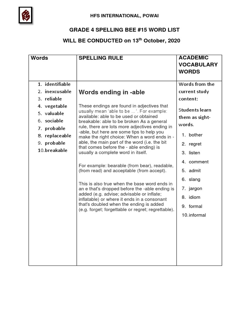 Grade 4 Spelling Bee Word List | PDF