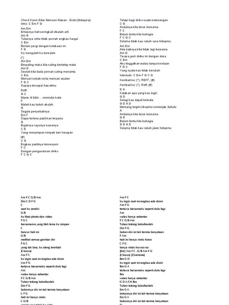 Chord Kunci Gitar Mencari Alasan