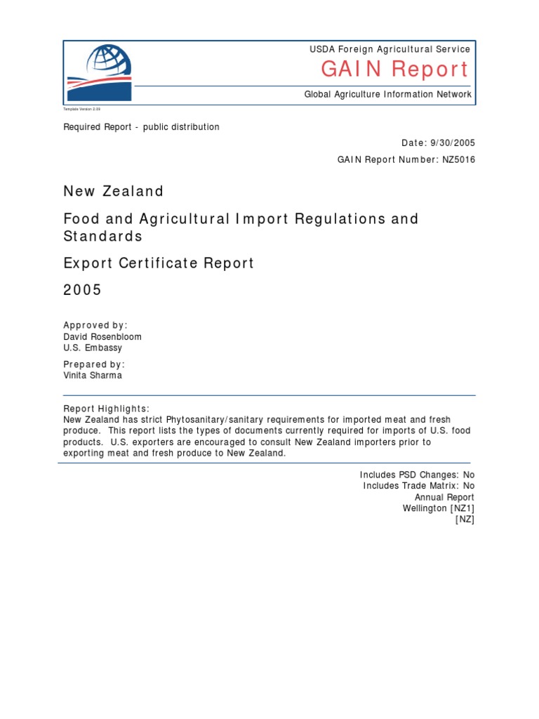 GAIN Report New Zealand Food and Agricultural Import Regulations and