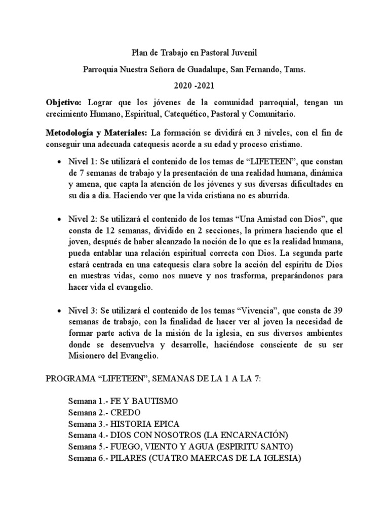 Plan de Trabajo Pastoral Juvenil 2020-2021 | PDF | Jesús ...