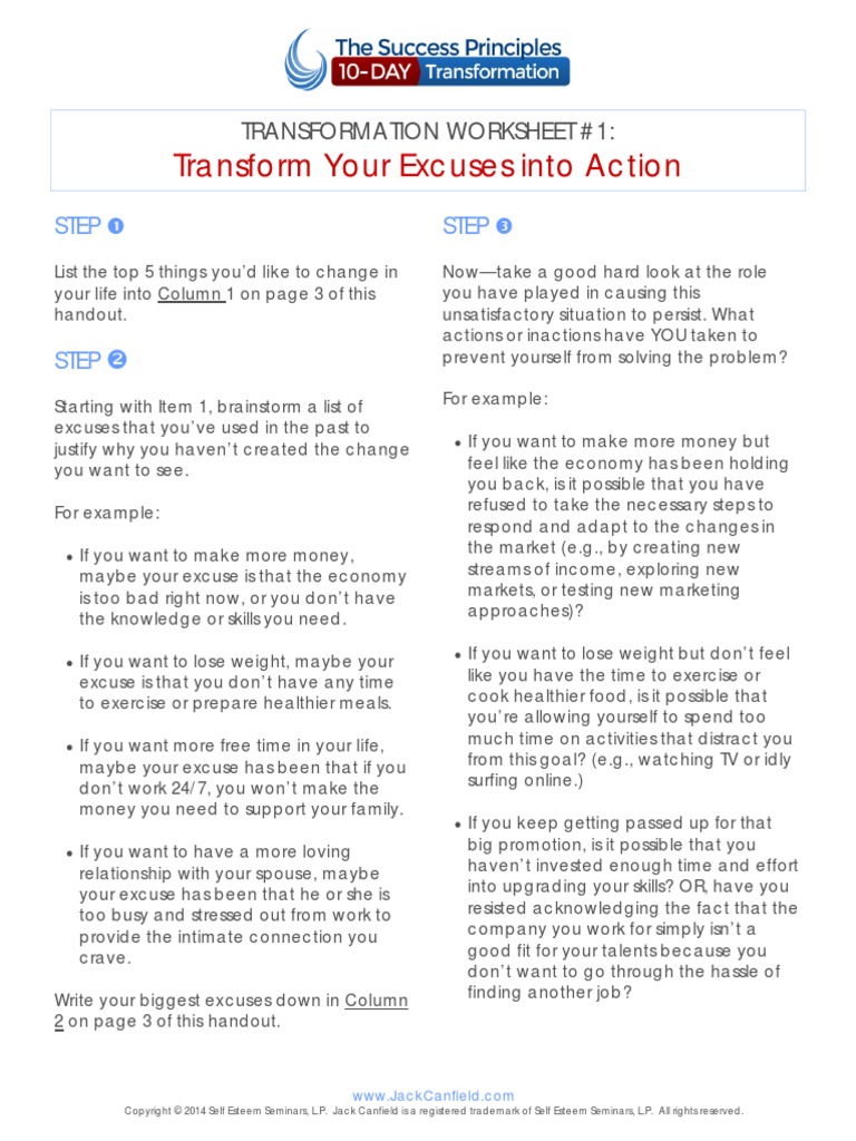 Transform Your Excuses Into Action: Transformation Worksheet #1 | PDF ...