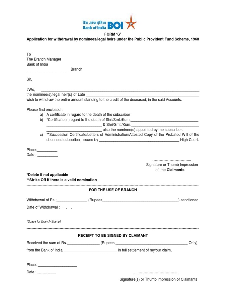 Form G' Application For Withdrawal by Nominees/legal Heirs Under The