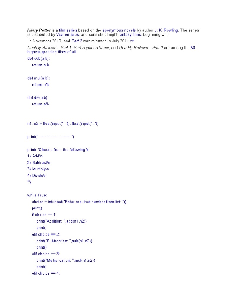 Simple Python Cal | PDF | Harry Potter