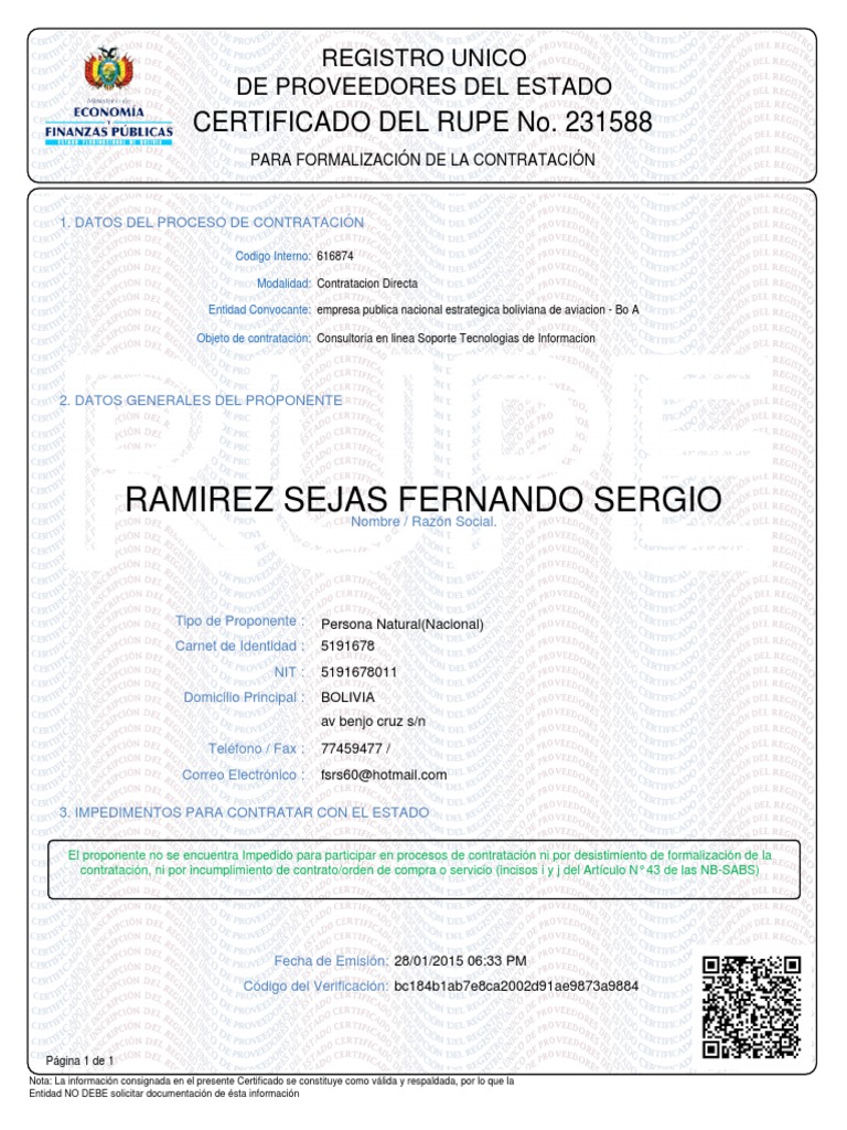 Certificado RUPE No. 231588 Bolivia | PDF