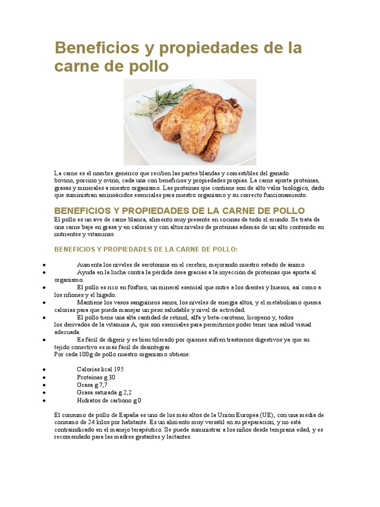 Beneficios y Propiedades de La Carne de Pollo | PDF | Carne | Proteínas