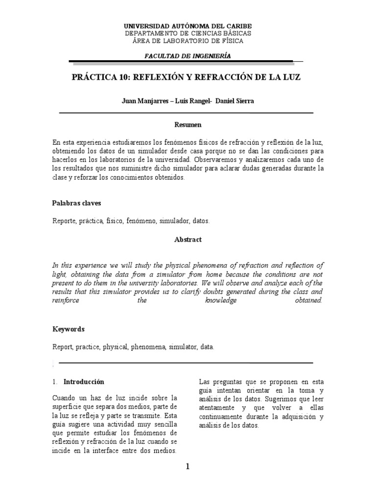 Reflexión y Refracción de la Luz | PDF | Reflexión (Física) | Refracción