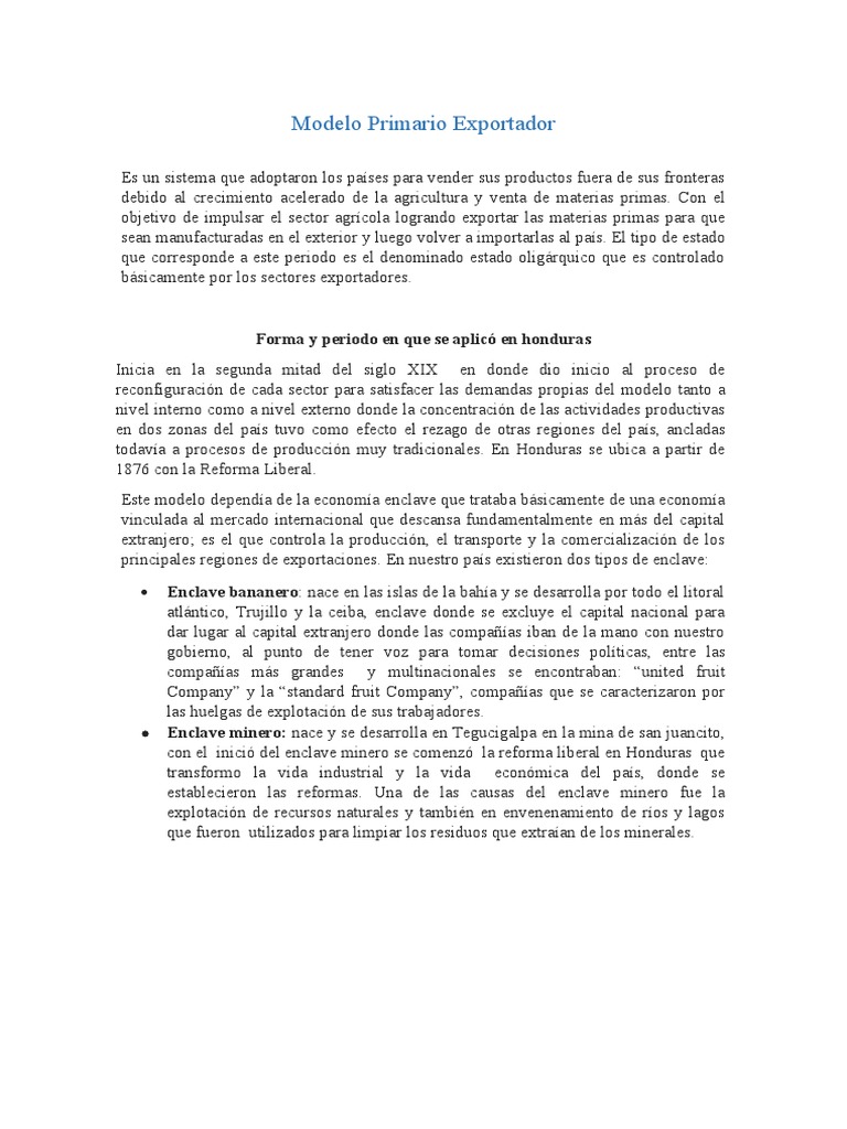Modelo Primario Exportador - Trabajo de Socio | PDF | Honduras |  Exportaciones