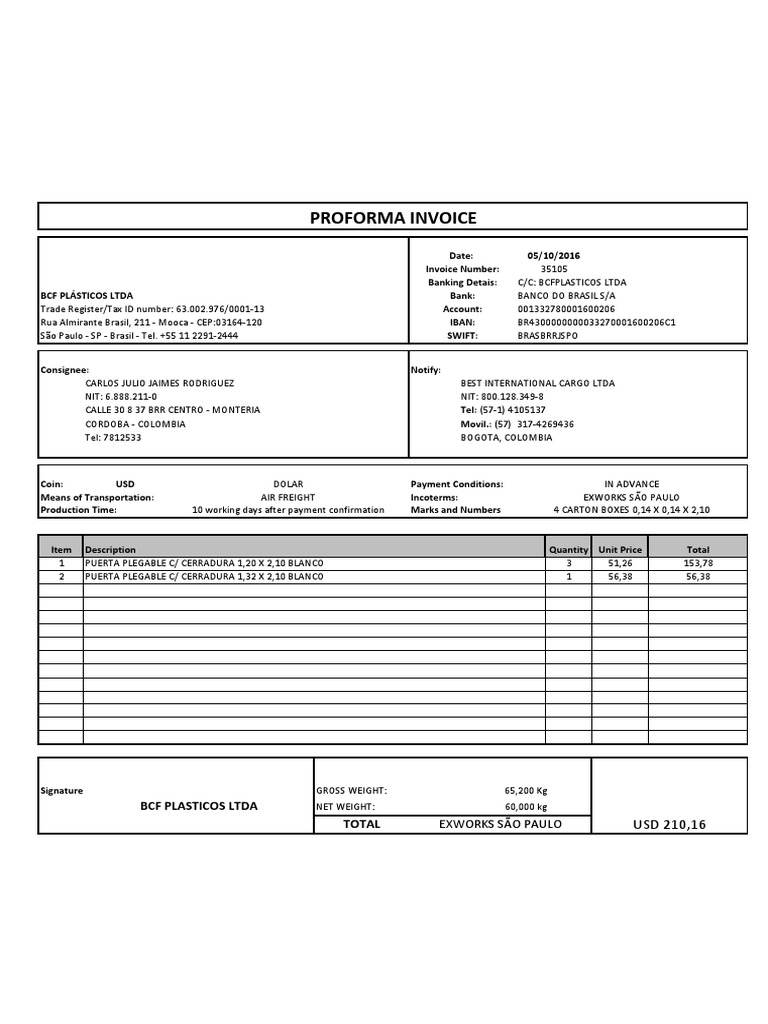 Proforma Invoice for Ex Works Shipment | PDF | Services (Economics ...
