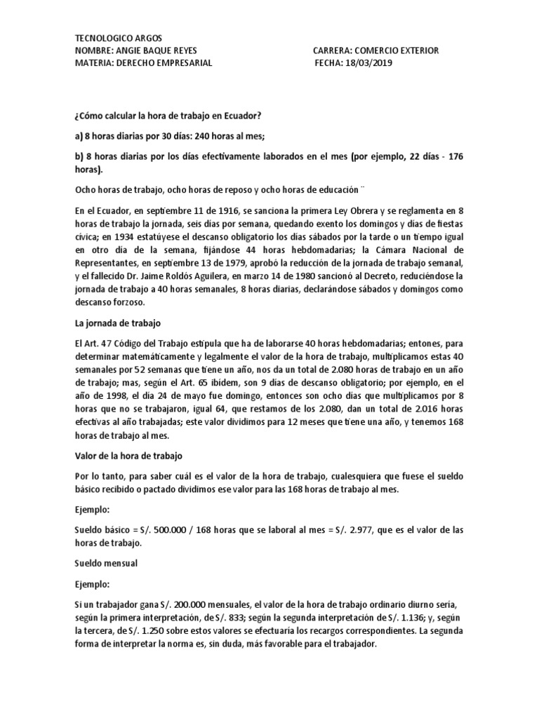 Cómo Calcular La Hora de Trabajo en Ecuador PDF Tiempo de trabajo