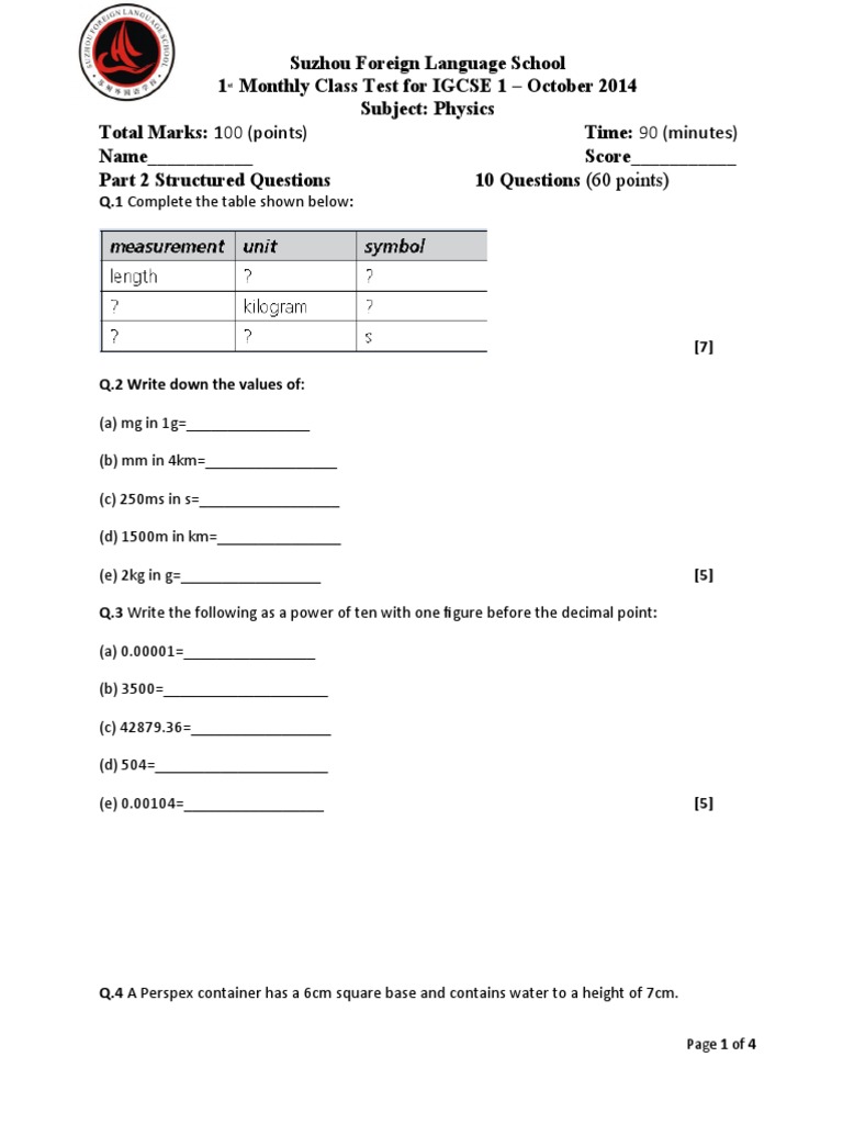 Structured Questions IG1-1st Monthly Test | PDF | Pendulum | Quantity