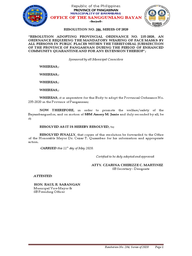 Resolution Adopting Provincial Ordinance No. 2352020 Mandatory Wearing