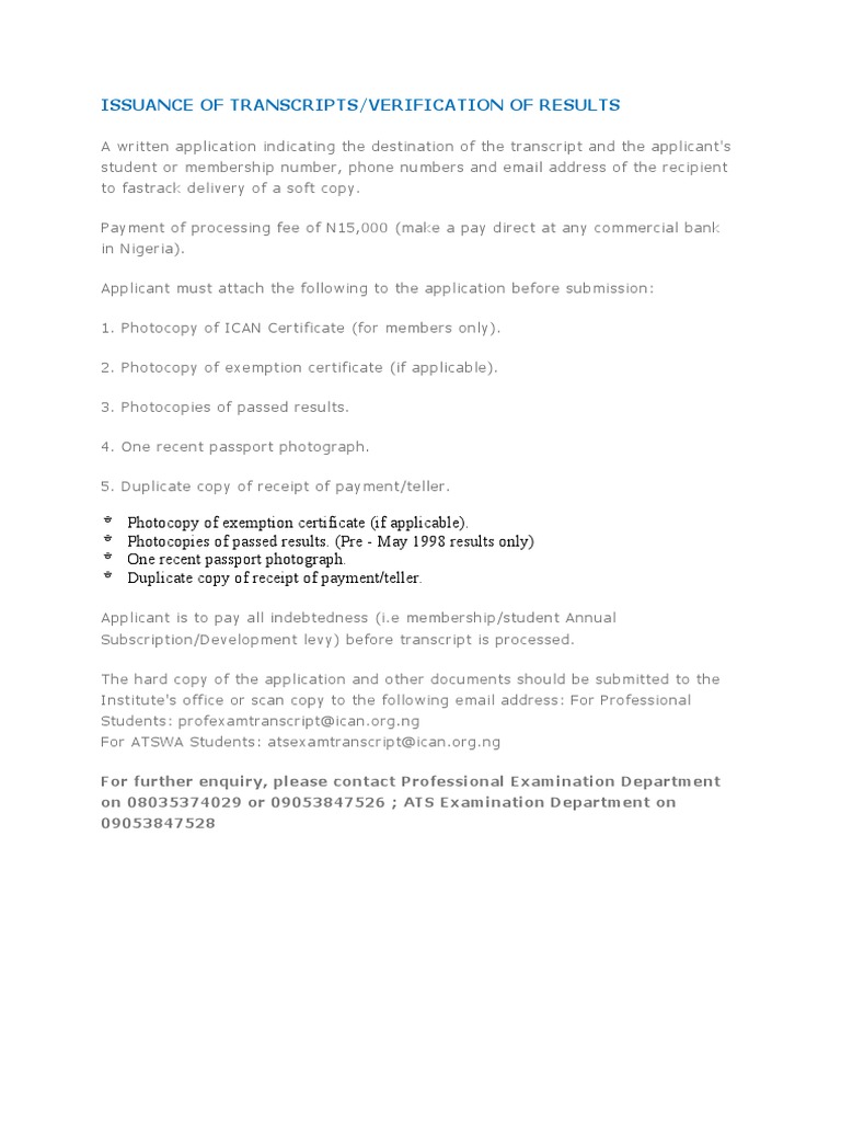 ICAN Transcript Issuance Guidelines | PDF | Finance & Money Management