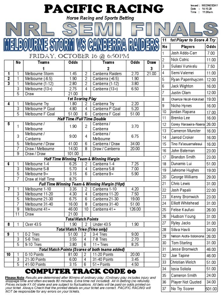 NRL SemiFinals Storm Vs RaidersPacific Racing PDF Sports