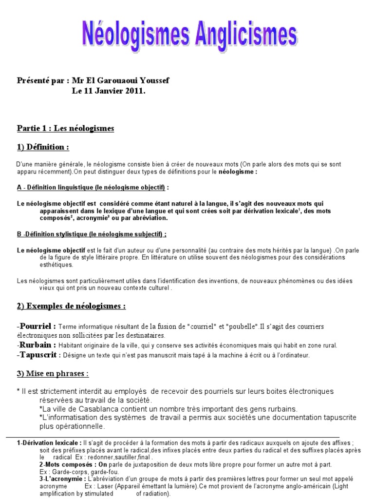 Neologismes Et Anglecismes Pdf Lexique Linguistique