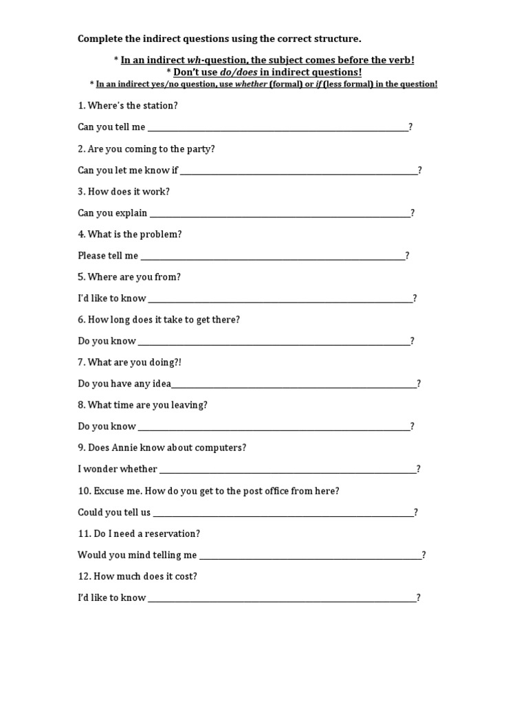 Indirect Questions Practice Exercises | PDF