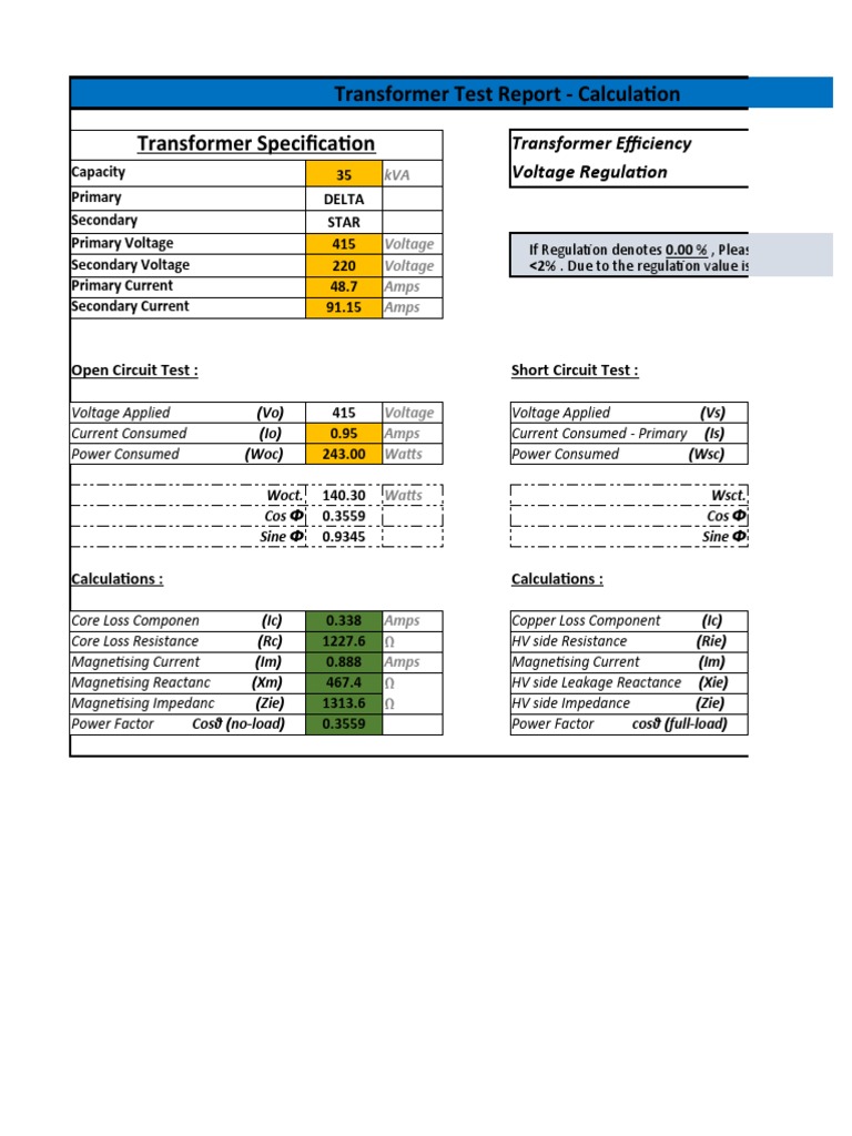 Transformer Test Report Calculation Transformer Specification PDF