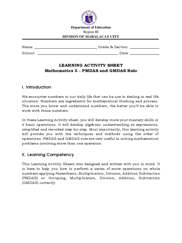 Learning Activity Sheet Mathematics 5 - PMDAS and GMDAS Rule | PDF ...