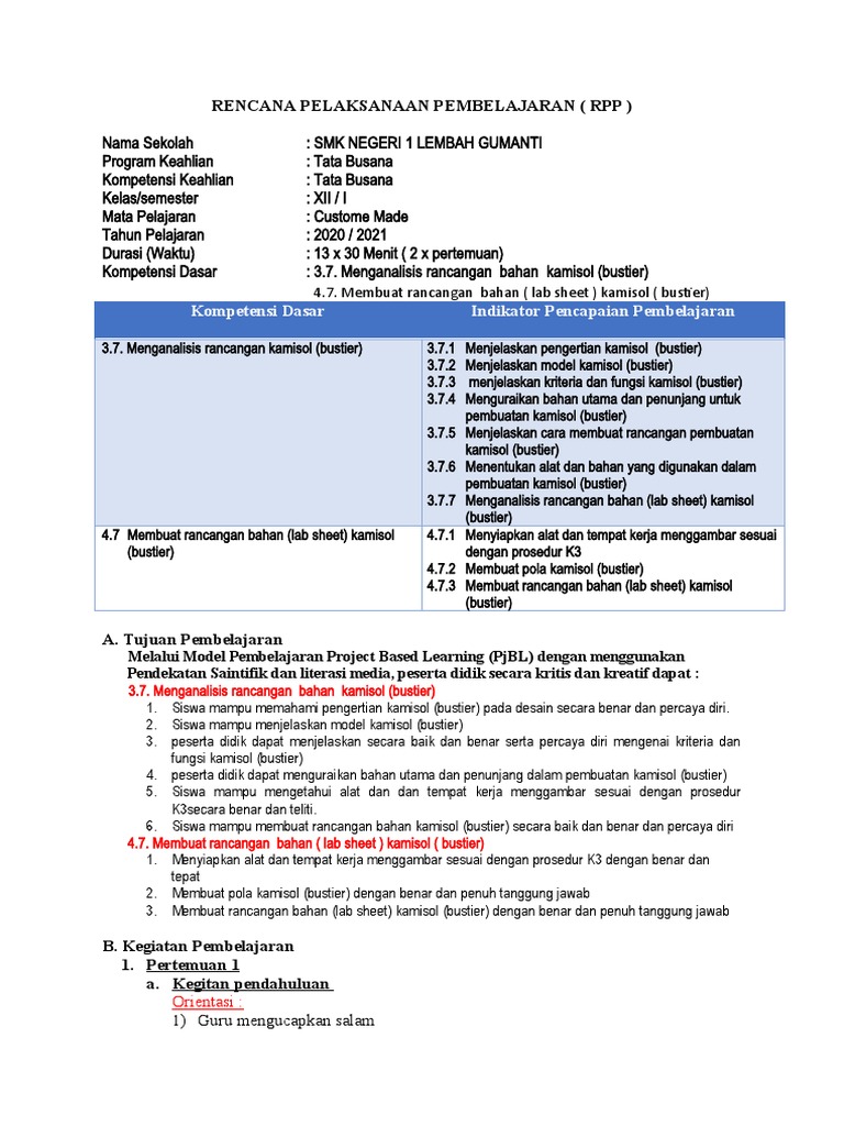 RPP Tata Busana: Kamisol Bustier | PDF