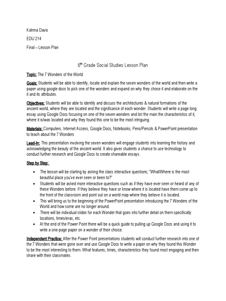 6 Grade Social Studies Lesson Plan | PDF | Lesson Plan | Educational ...