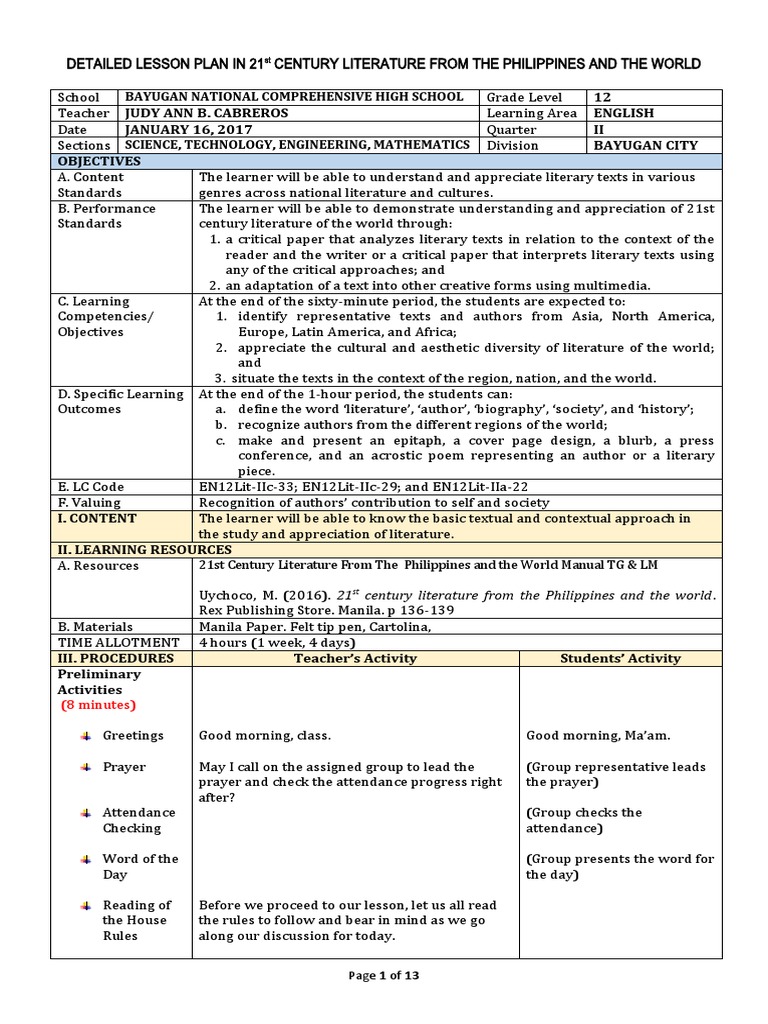 21st Century Literature Lesson Plan | PDF | Poetry | Books
