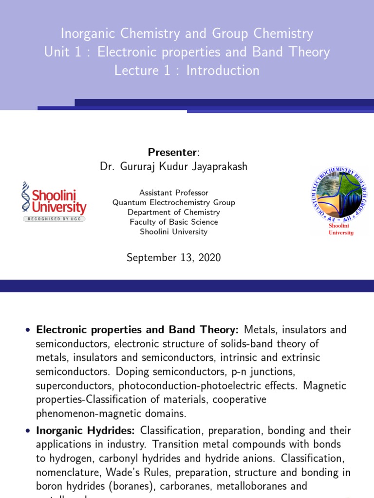 Inorganic Chemistry and Group Chemistry Unit 1: Electronic Properties ...