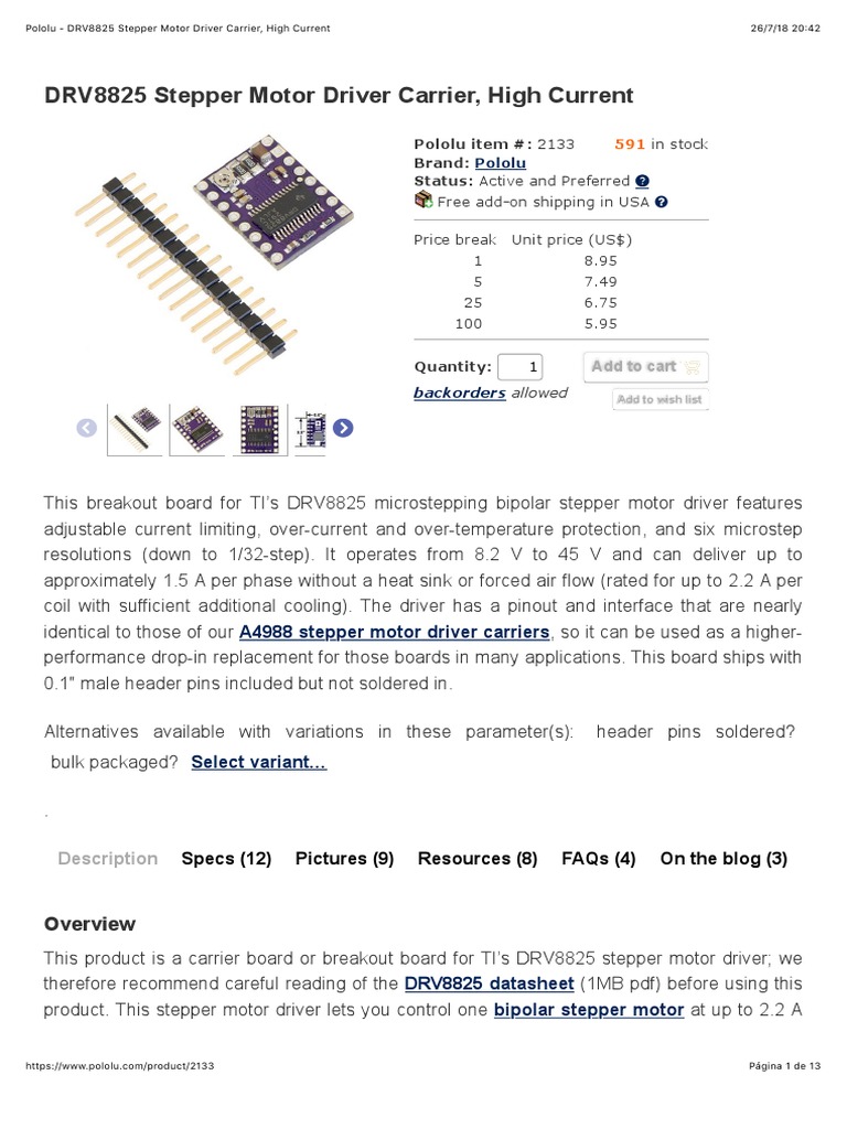 Pololu - DRV8825 Stepper Motor Driver Carrier, High Current | PDF ...