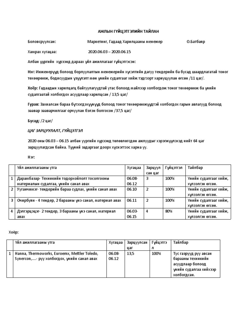 АЖЛЫН ГҮЙЦЭТГЭЛИЙН ТАЙЛАН | PDF