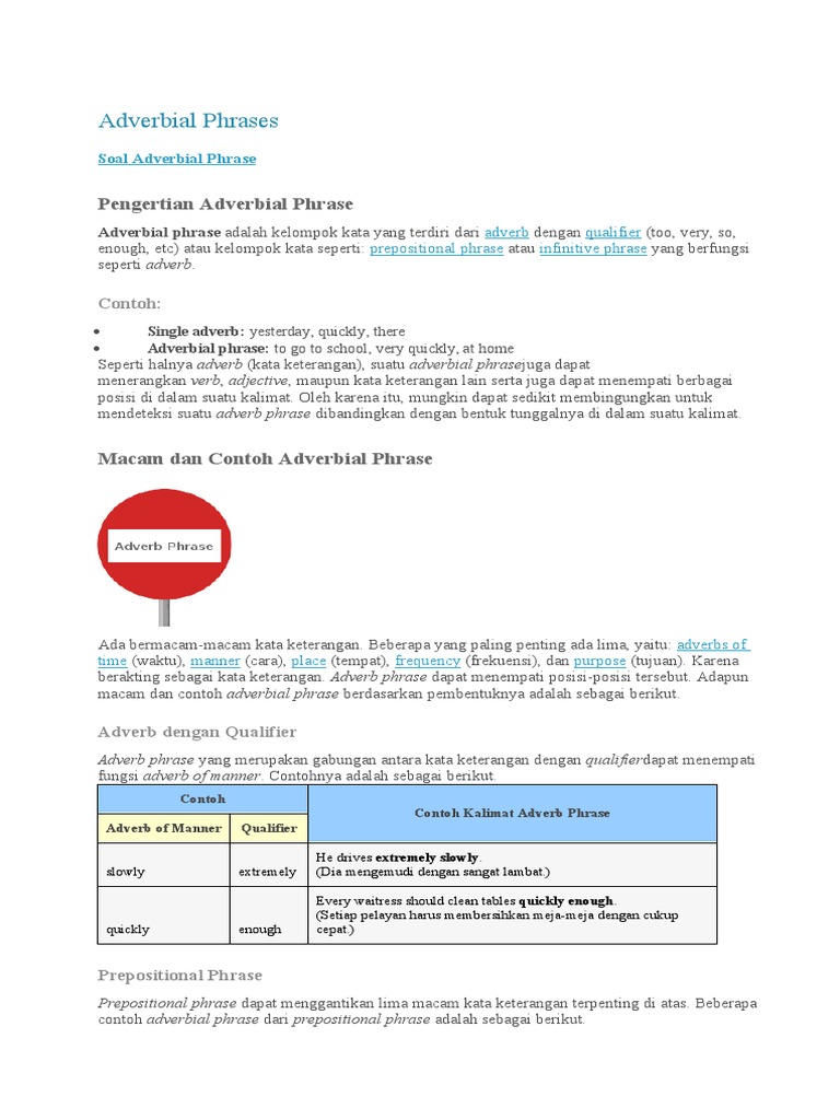 Coba anda jelaskan pengertian noun phrase, verb phrase, adjective phrase, dan adverbial phrase serta