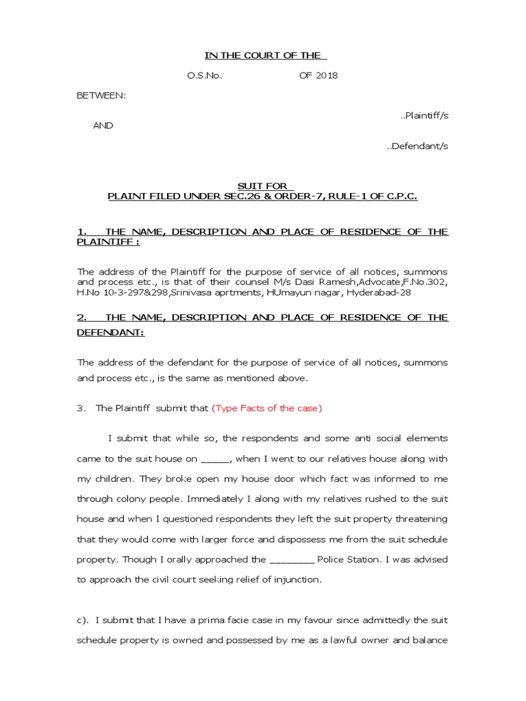 Suit of Injunction Format | PDF | Affidavit | Lawsuit