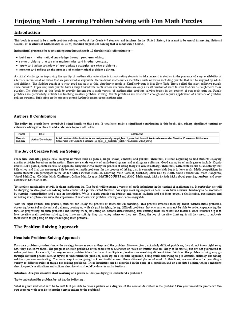 Enjoying Math - Learning Problem Solving With Fun Math Puzzles PDF ...