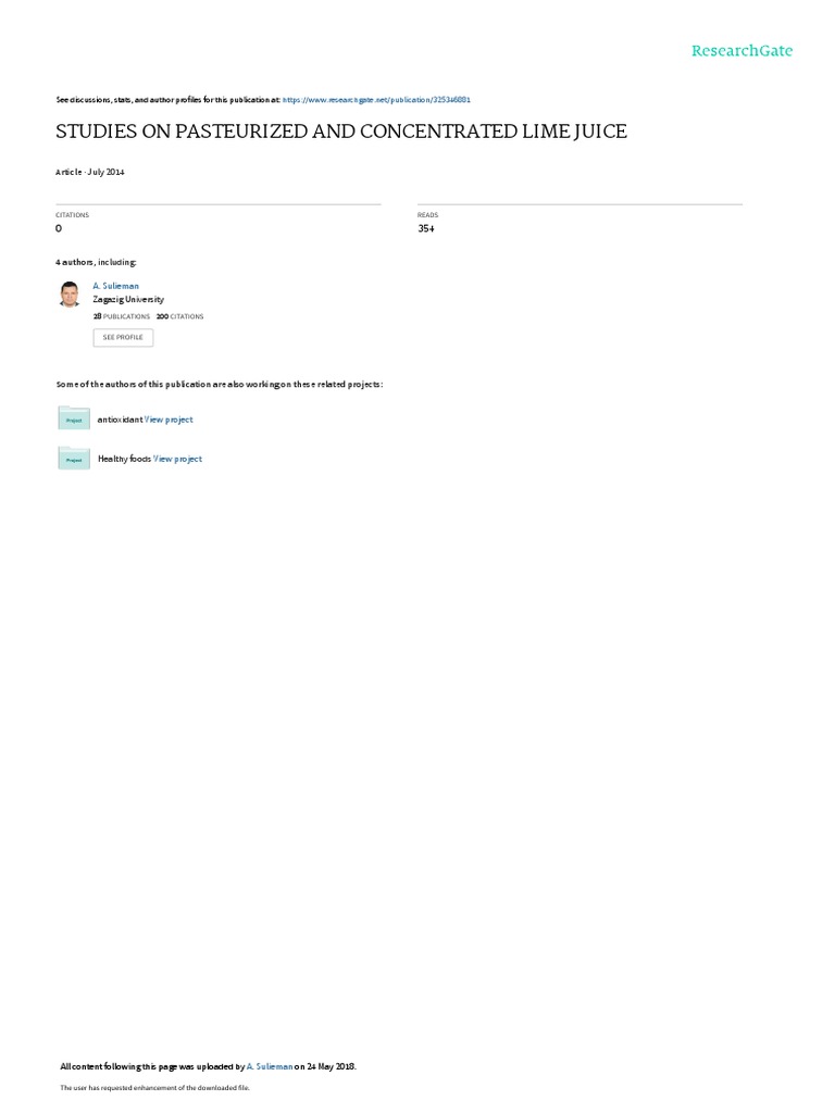 Studies On Pasteurized and Concentrated Lime Juice July 2014 PDF