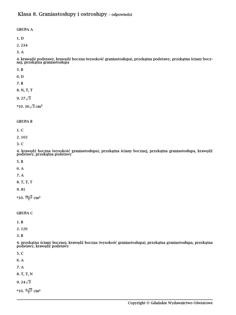 Sprawdzian Z Matematyki Klasa 8 Graniastosłupy I Ostrosłupy