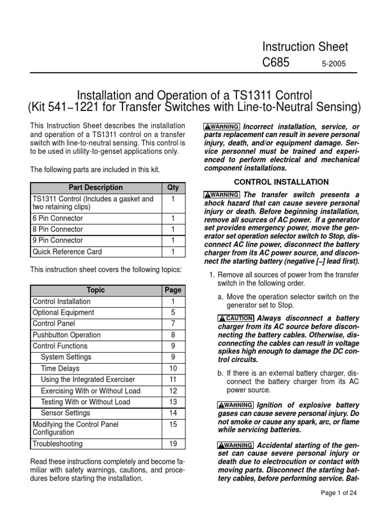 TS1311 Control Installation Guide | PDF | Relay | Switch