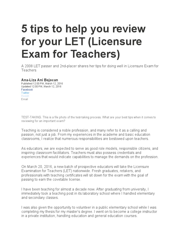 LET Exam Review Tips for Success | PDF | Teachers | Test (Assessment)