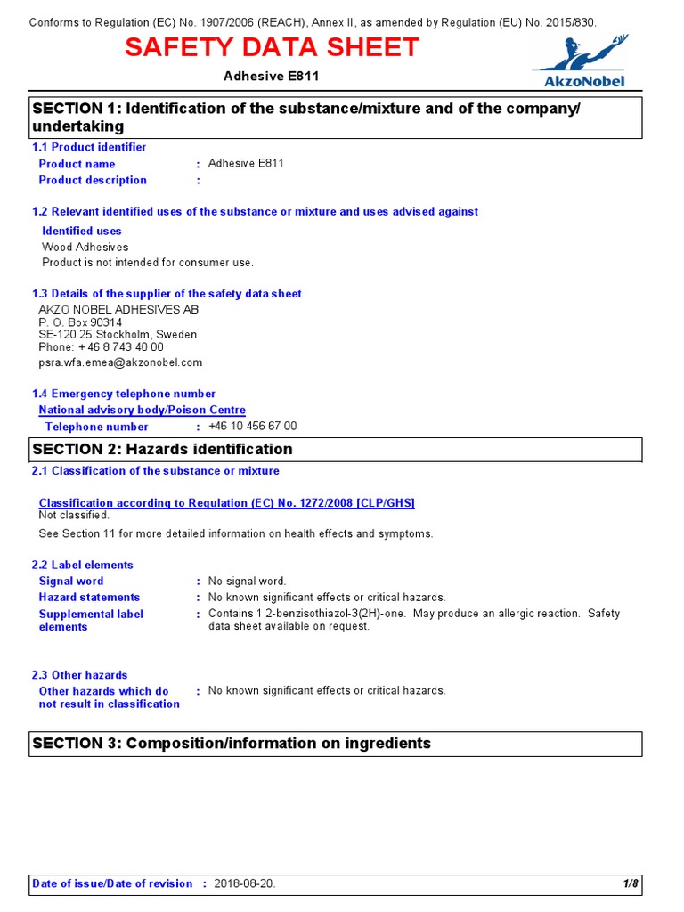 SDS Adhesive E811 PDF Toxicity Prevention