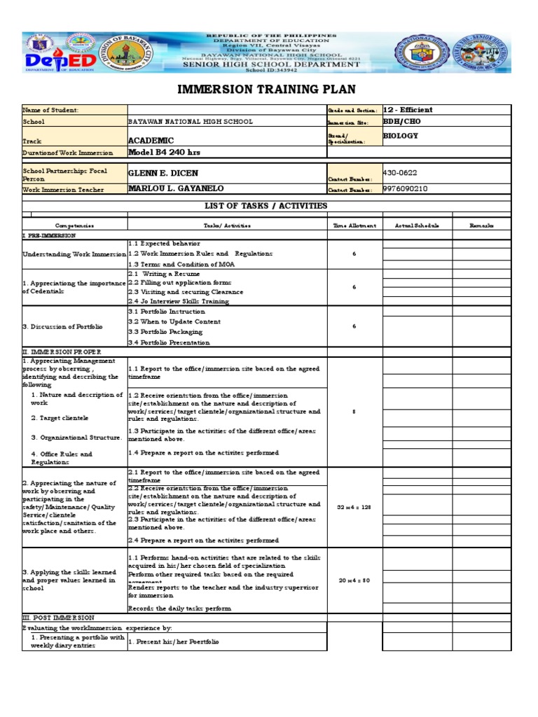 Senior High Work Immersion Plan | PDF | Teachers | Cognition
