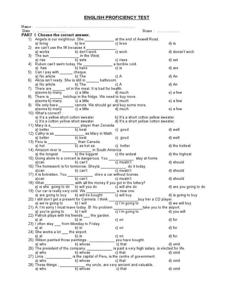 English Proficiency Test Questions | PDF