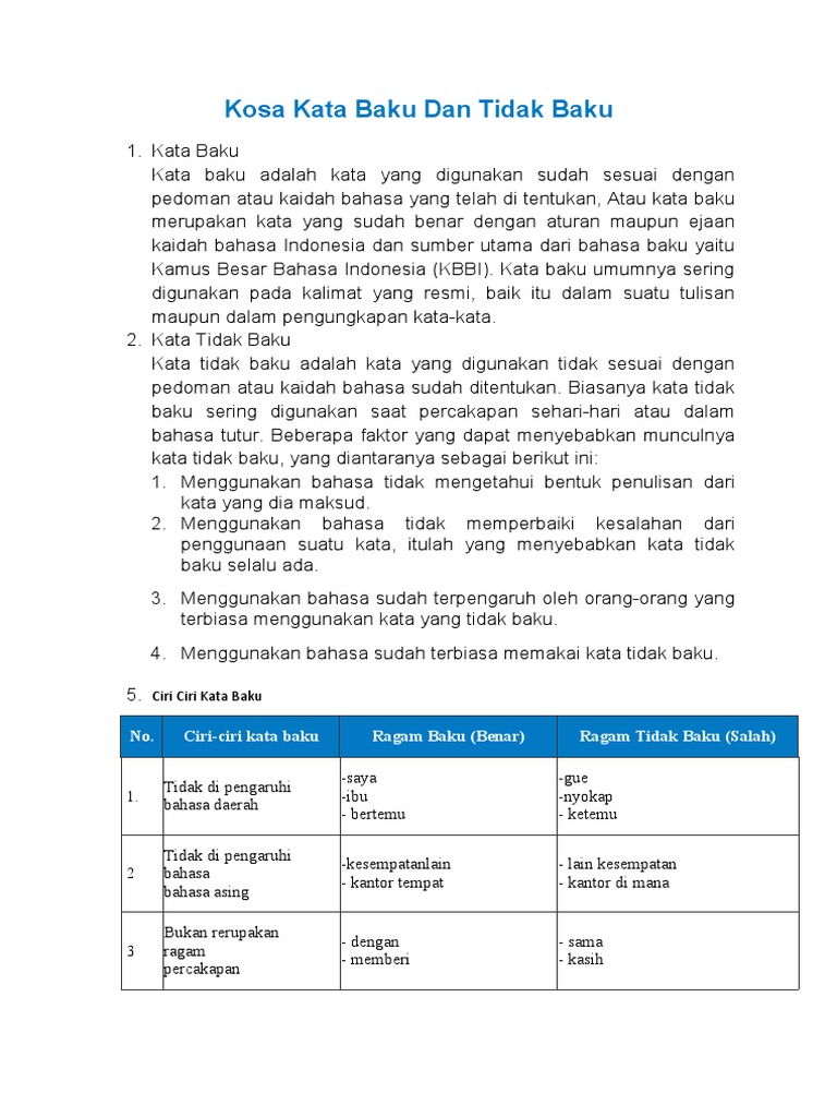 Kosa Kata Baku Dan Tidak Baku