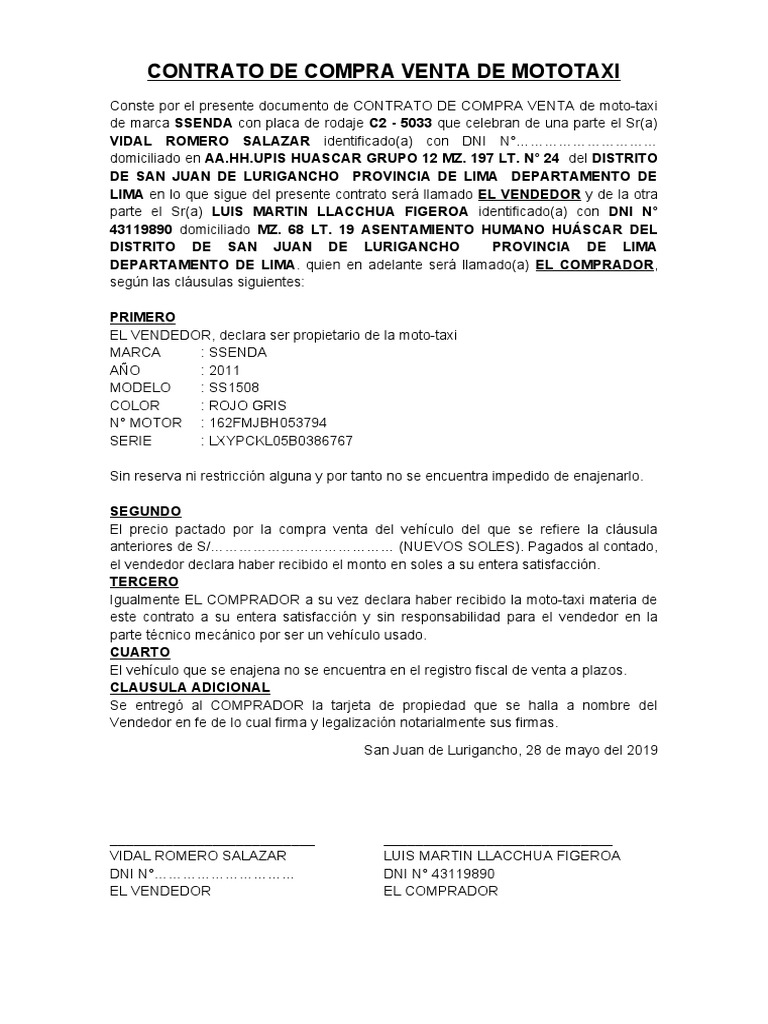 Contrato de Compraventa de Mototaxi | PDF | Negocios | Finanzas y dinero