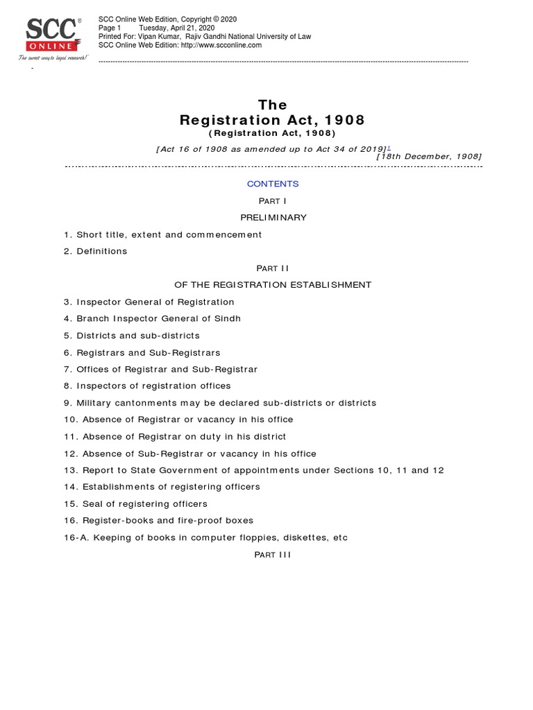 Registration Bare Act 1908 | PDF | Repeal | Deed