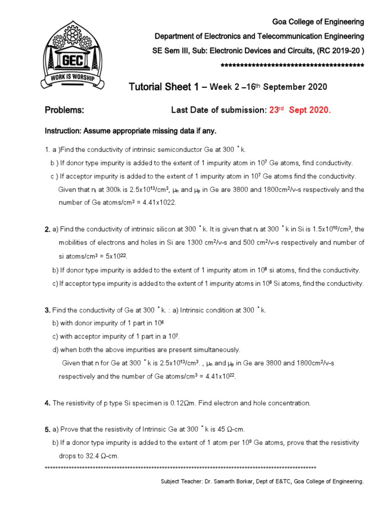 Electronics Devices and Circuits (RC19-20) Tutorial 1 | PDF